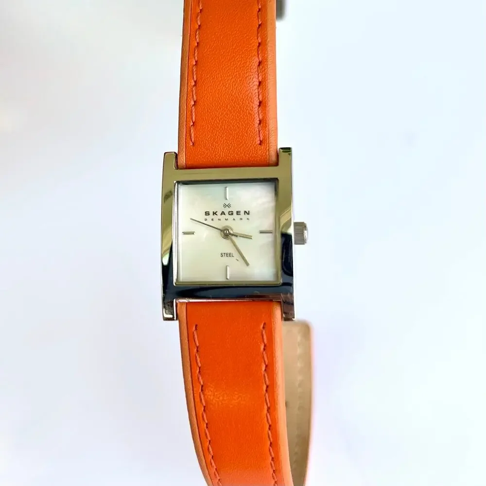 Skagen Denmark Square Watch Mother of Pearl Orange Leather Strap 2000s Vintage - Picture 3 of 14